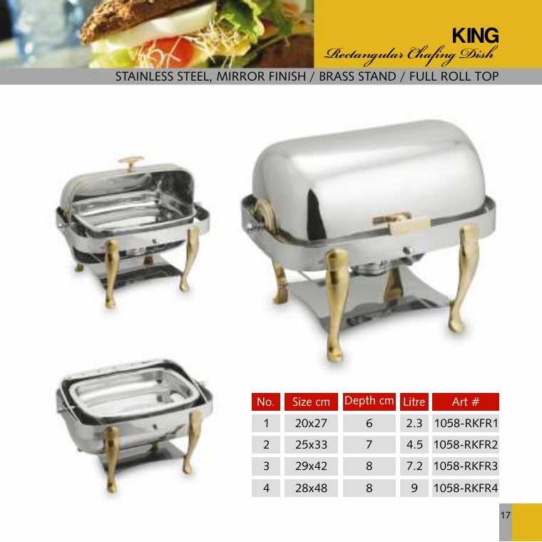 King Rectangular Chafing Dish - Brass Stand Full Roll Top