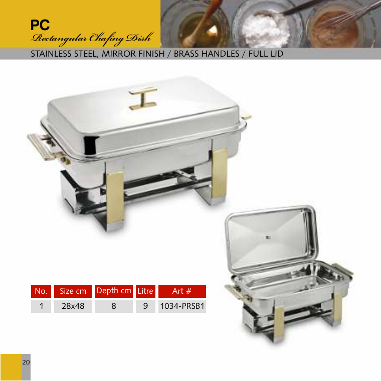 PC Rectangular Chafing Dish - Brass Handles Full Lid