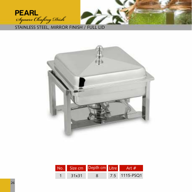 Pearl Square Chafing Dish - Full Lid