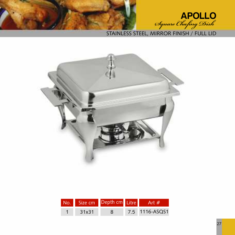 Apollo Square Chafing Dish - Full Lid
